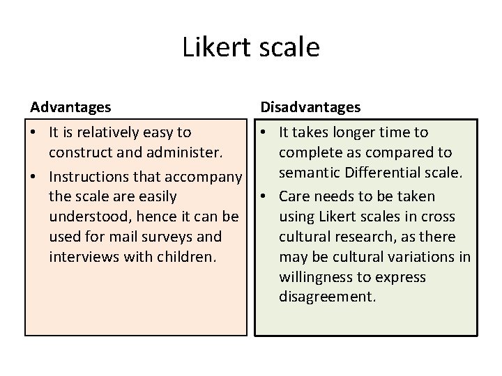 Likert scale Advantages Disadvantages • It is relatively easy to • It takes longer