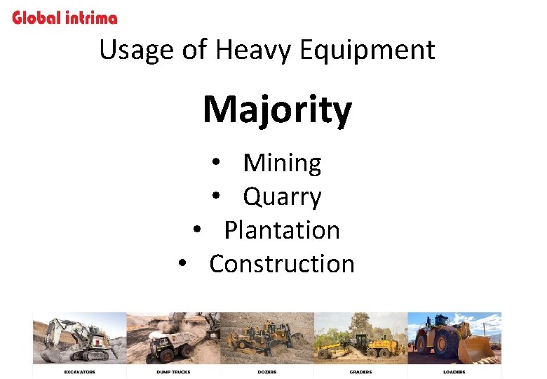 Usage of Heavy Equipment Majority • Mining • Quarry • Plantation • Construction 