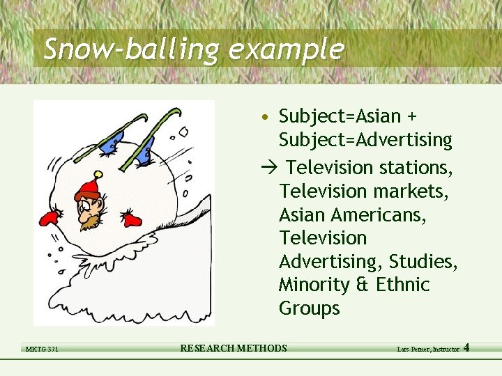 Snow-balling example • Subject=Asian + Subject=Advertising Television stations, Television markets, Asian Americans, Television Advertising,