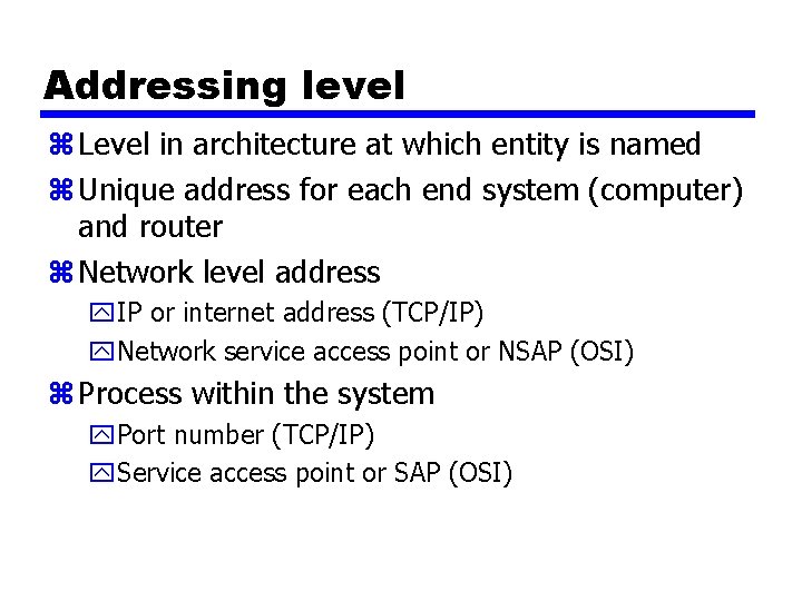 Addressing level z Level in architecture at which entity is named z Unique address