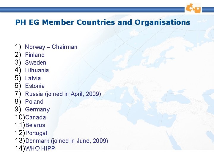 PH EG Member Countries and Organisations 1) Norway – Chairman 2) Finland 3) Sweden