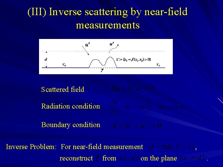 (III) Inverse scattering by near-field measurements Scattered field Radiation condition Boundary condition Inverse Problem: