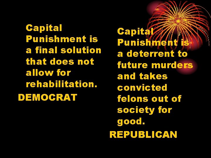 Capital Punishment is a final solution that does not allow for rehabilitation. DEMOCRAT Capital