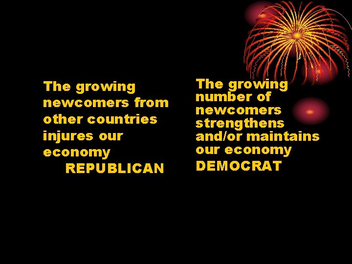 The growing newcomers from other countries injures our economy REPUBLICAN The growing number of