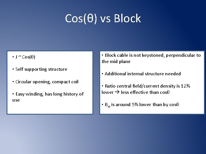 Cos(θ) vs Block • J ~ Cos(θ) • Self supporting structure • Circular opening,