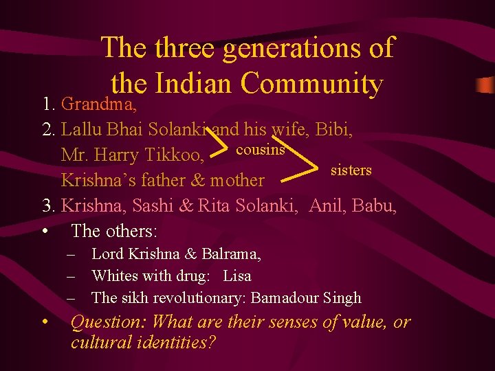 The three generations of the Indian Community 1. Grandma, 2. Lallu Bhai Solanki and
