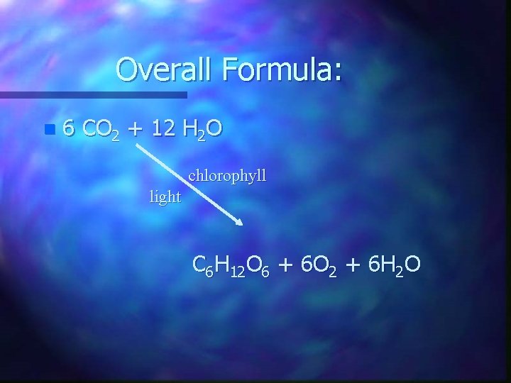 Overall Formula: n 6 CO 2 + 12 H 2 O chlorophyll light C