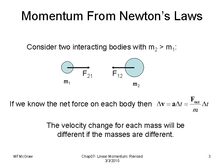 Momentum From Newton’s Laws Consider two interacting bodies with m 2 > m 1: