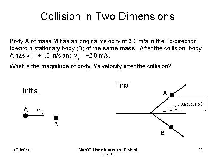 Collision in Two Dimensions Body A of mass M has an original velocity of