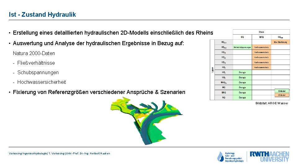 Ist - Zustand Hydraulik • Erstellung eines detaillierten hydraulischen 2 D-Modells einschließlich des Rheins