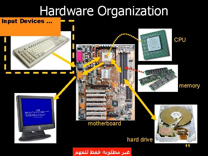 Hardware Organization Input Devices. . . CPU memory motherboard hard drive ﻏﻴﺮ ﻣﻄﻠﻮﺑﺔ ﻓﻘﻂ