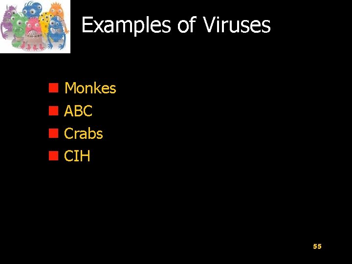 Examples of Viruses n Monkes n ABC n Crabs n CIH 55 
