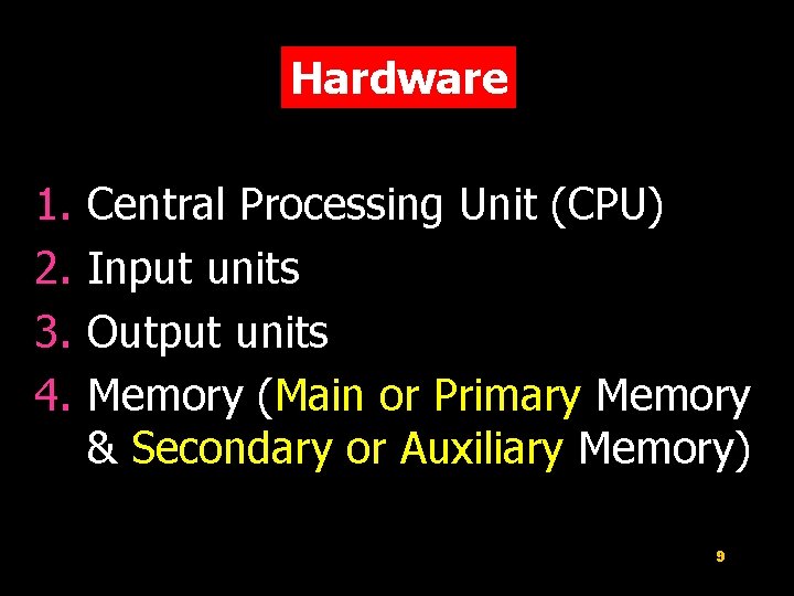 Hardware 1. 2. 3. 4. Central Processing Unit (CPU) Input units Output units Memory