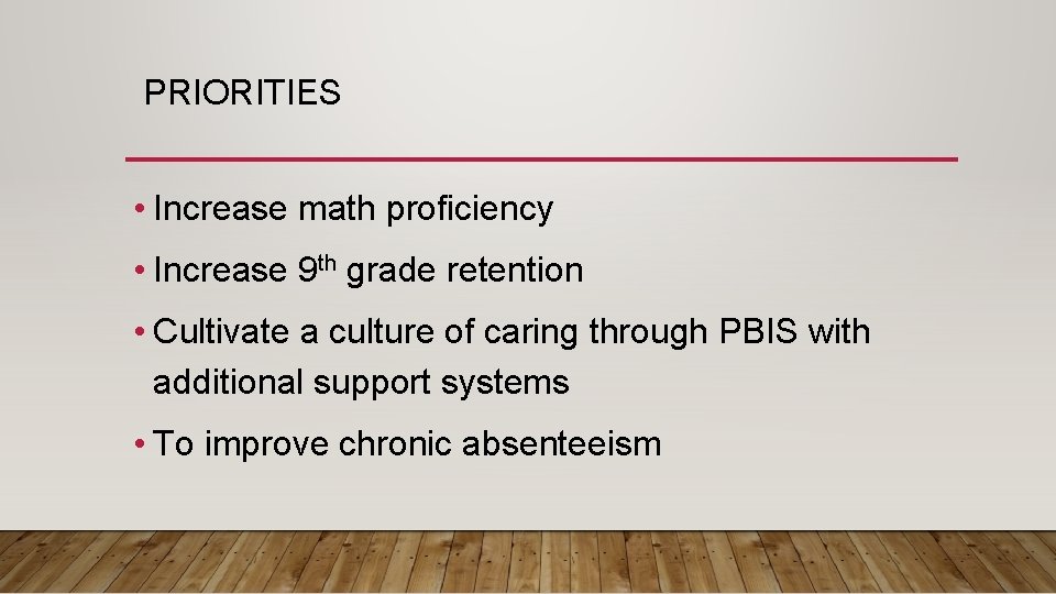  PRIORITIES • Increase math proficiency • Increase 9 th grade retention • Cultivate