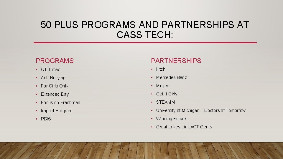 50 PLUS PROGRAMS AND PARTNERSHIPS AT CASS TECH: PROGRAMS PARTNERSHIPS • CT Times •