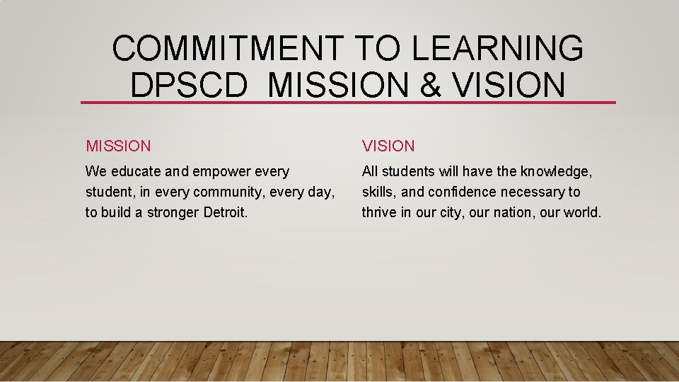 COMMITMENT TO LEARNING DPSCD MISSION & VISION MISSION VISION We educate and empower every