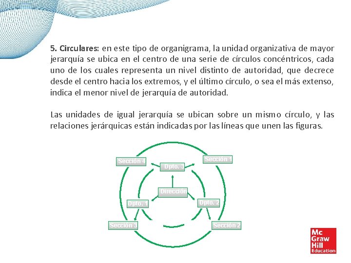 5. Circulares: en este tipo de organigrama, la unidad organizativa de mayor jerarquía se