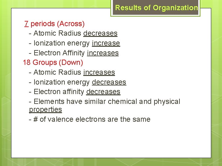 Results of Organization 7 periods (Across) - Atomic Radius decreases - Ionization energy increase Results of Organization 7 periods (Across) - Atomic Radius decreases - Ionization energy increase