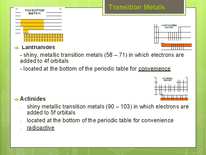 Transition Metals Lanthanides - shiny, metallic transition metals (58 – 71) in which electrons Transition Metals Lanthanides - shiny, metallic transition metals (58 – 71) in which electrons