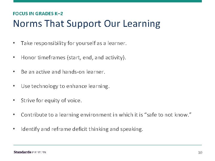 FOCUS IN GRADES K– 2 Norms That Support Our Learning • Take responsibility for