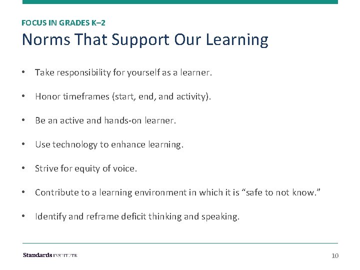 FOCUS IN GRADES K– 2 Norms That Support Our Learning • Take responsibility for