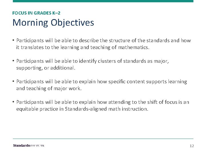 FOCUS IN GRADES K– 2 Morning Objectives • Participants will be able to describe