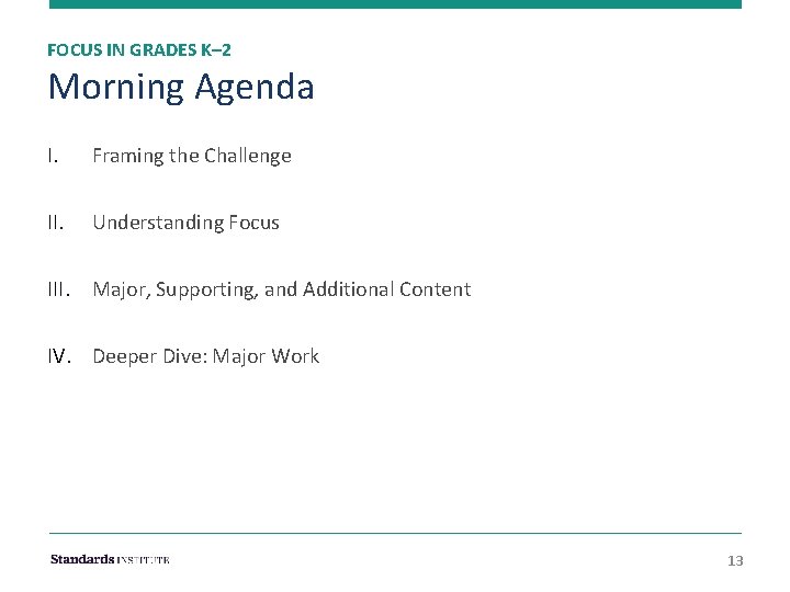 FOCUS IN GRADES K– 2 Morning Agenda I. Framing the Challenge II. Understanding Focus