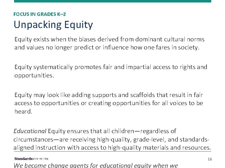 FOCUS IN GRADES K– 2 Unpacking Equity exists when the biases derived from dominant