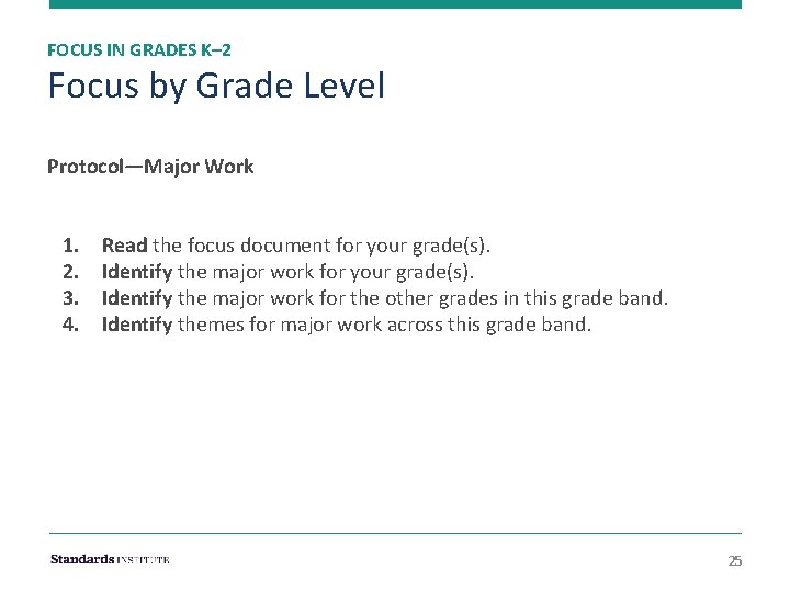 FOCUS IN GRADES K– 2 Focus by Grade Level Protocol—Major Work 1. 2. 3.