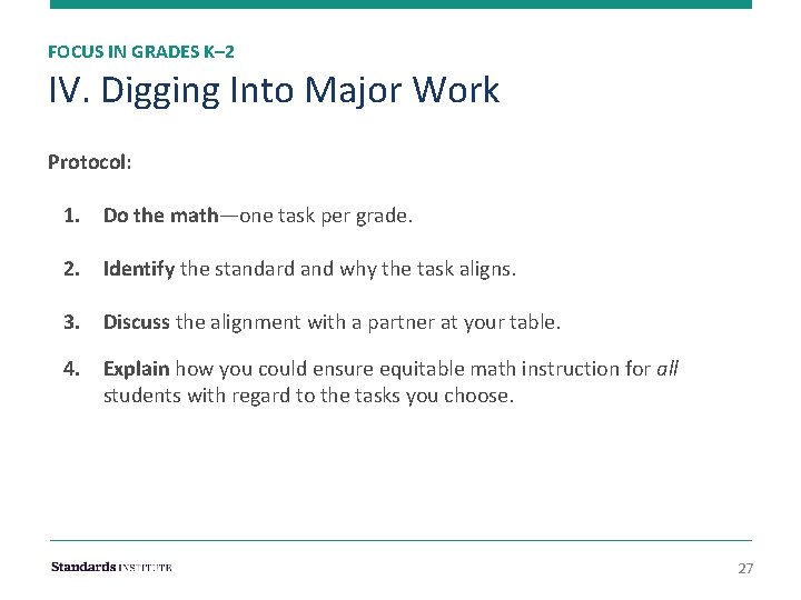 FOCUS IN GRADES K– 2 IV. Digging Into Major Work Protocol: 1. Do the