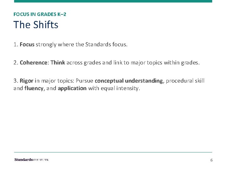 FOCUS IN GRADES K– 2 The Shifts 1. Focus strongly where the Standards focus.