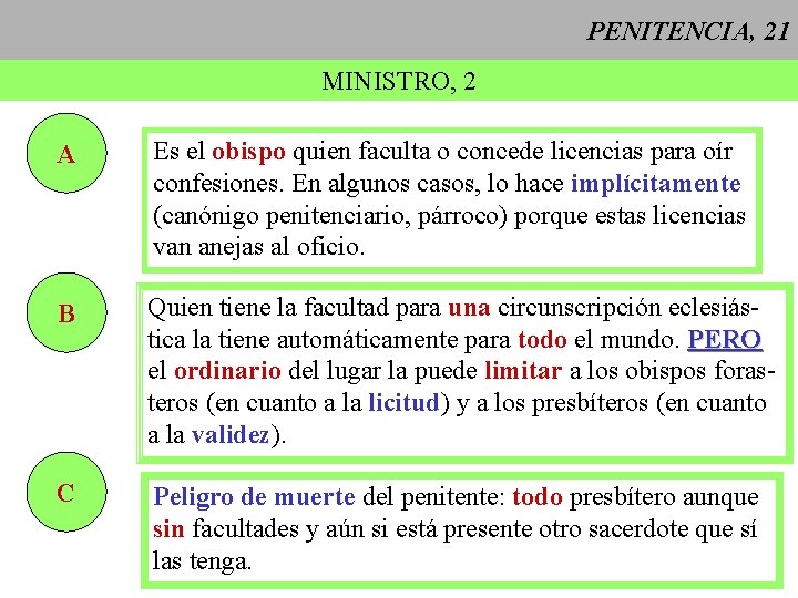 PENITENCIA, 21 MINISTRO, 2 A Es el obispo quien faculta o concede licencias para