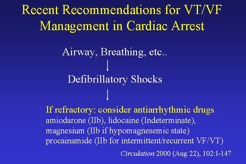 Recent Recommendations for VT/VF Management in Cardiac Arrest Airway, Breathing, etc. . Defibrillatory Shocks