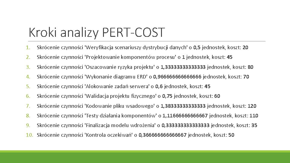 Kroki analizy PERT-COST 1. Skrócenie czynności 'Weryfikacja scenariuszy dystrybucji danych' o 0, 5 jednostek,