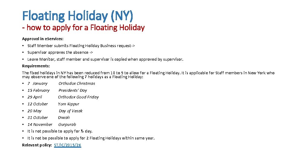 Floating Holiday (NY) - how to apply for a Floating Holiday Approval in e.