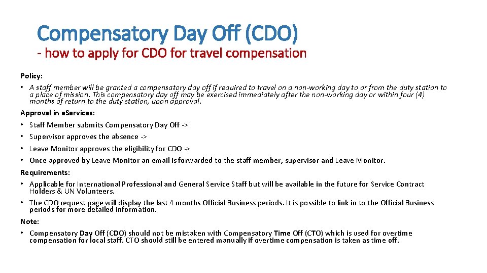 Compensatory Day Off (CDO) - how to apply for CDO for travel compensation Policy: