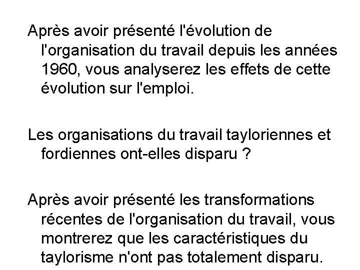 Après avoir présenté l'évolution de l'organisation du travail depuis les années 1960, vous analyserez