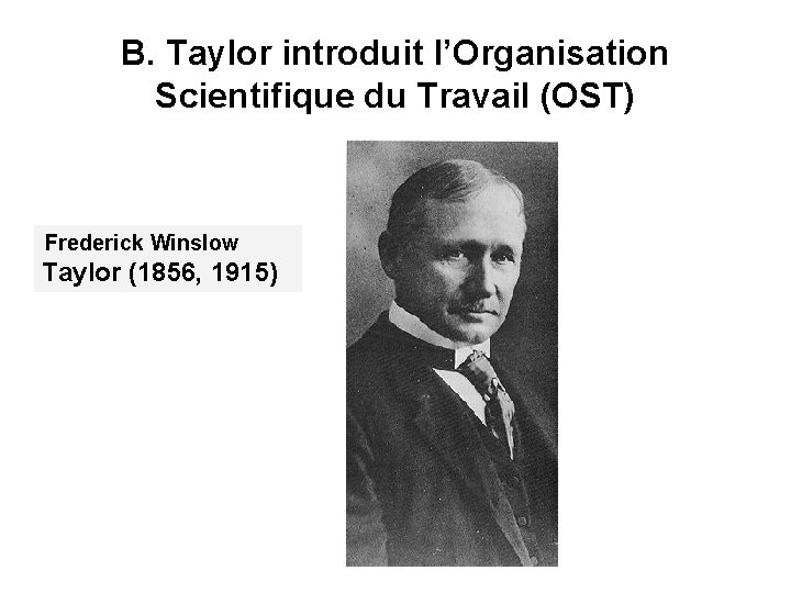 B. Taylor introduit l’Organisation Scientifique du Travail (OST) Frederick Winslow Taylor (1856, 1915) 