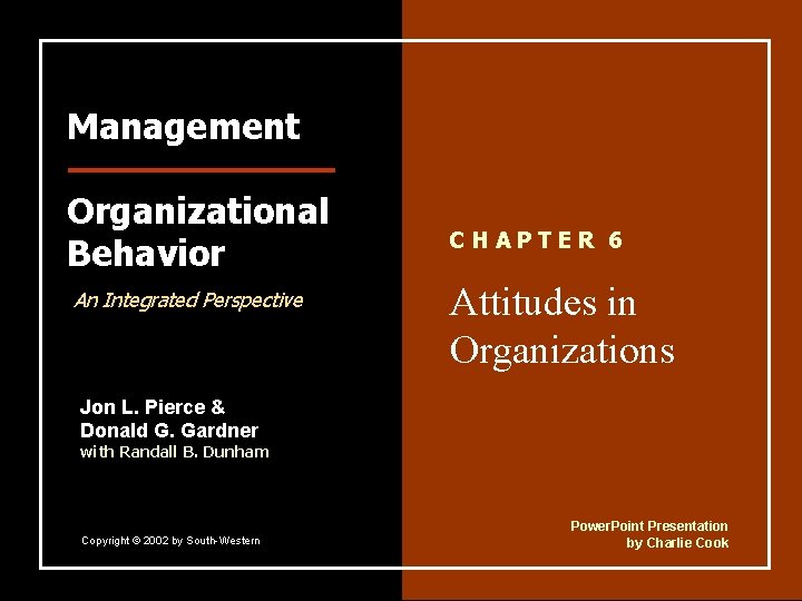 Management Organizational Behavior An Integrated Perspective CHAPTER 6 Attitudes in Organizations Jon L. Pierce