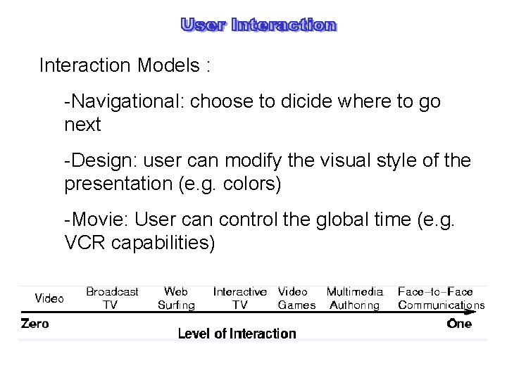 Interaction Models : -Navigational: choose to dicide where to go next -Design: user can