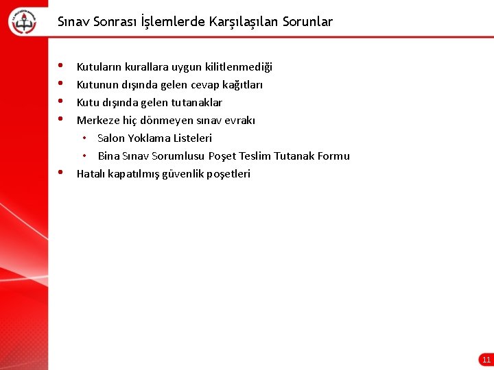 Sınav Sonrası İşlemlerde Karşılan Sorunlar • • • Kutuların kurallara uygun kilitlenmediği Kutunun dışında