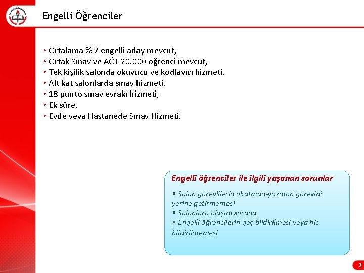 Engelli Öğrenciler • Ortalama % 7 engelli aday mevcut, • Ortak Sınav ve AÖL