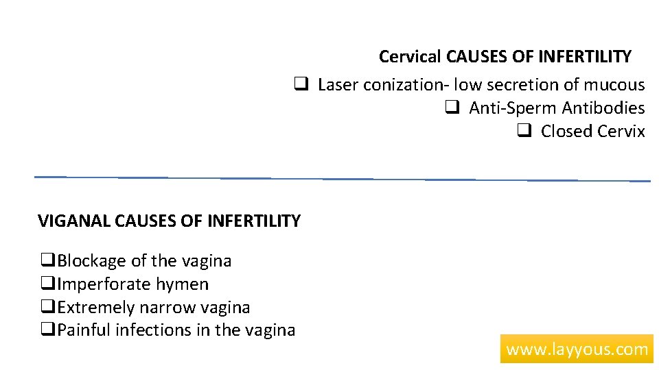 Cervical CAUSES OF INFERTILITY q Laser conization- low secretion of mucous q Anti-Sperm Antibodies