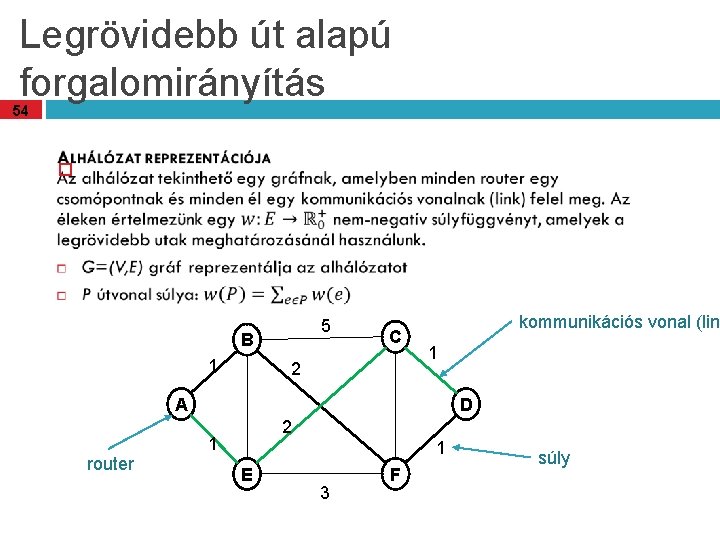 Legrövidebb út alapú forgalomirányítás 54 5 B 1 C 2 kommunikációs vonal (link 1