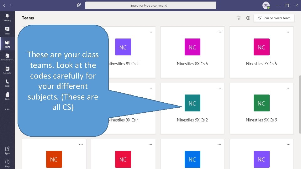 These are your class teams. Look at the codes carefully for your different subjects.