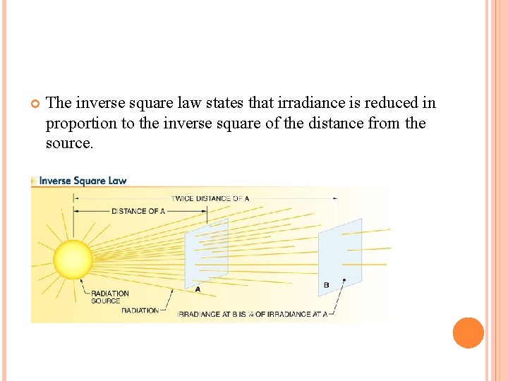 The inverse square law states that irradiance is reduced in proportion to the The inverse square law states that irradiance is reduced in proportion to the
