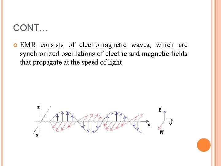 CONT… EMR consists of electromagnetic waves, which are synchronized oscillations of electric and magnetic CONT… EMR consists of electromagnetic waves, which are synchronized oscillations of electric and magnetic
