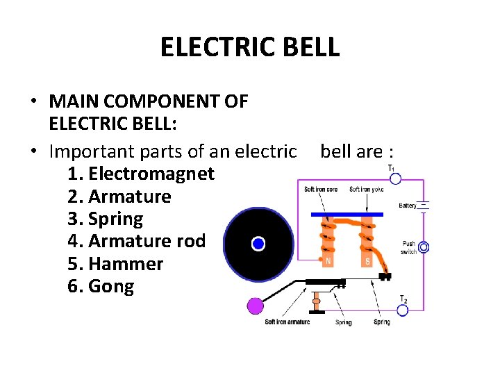 ELECTRIC BELL • MAIN COMPONENT OF ELECTRIC BELL: • Important parts of an electric ELECTRIC BELL • MAIN COMPONENT OF ELECTRIC BELL: • Important parts of an electric