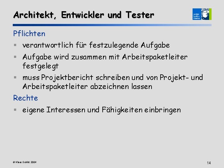 Architekt, Entwickler und Tester Pflichten § verantwortlich für festzulegende Aufgabe § Aufgabe wird zusammen