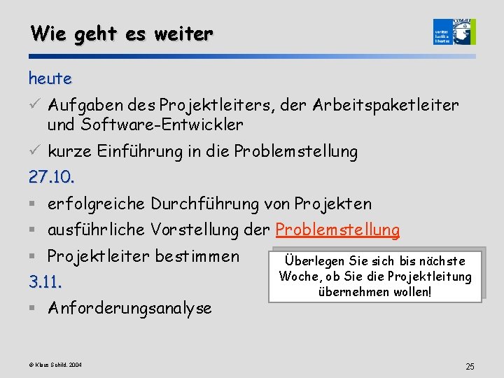 Wie geht es weiter heute ü Aufgaben des Projektleiters, der Arbeitspaketleiter und Software-Entwickler ü